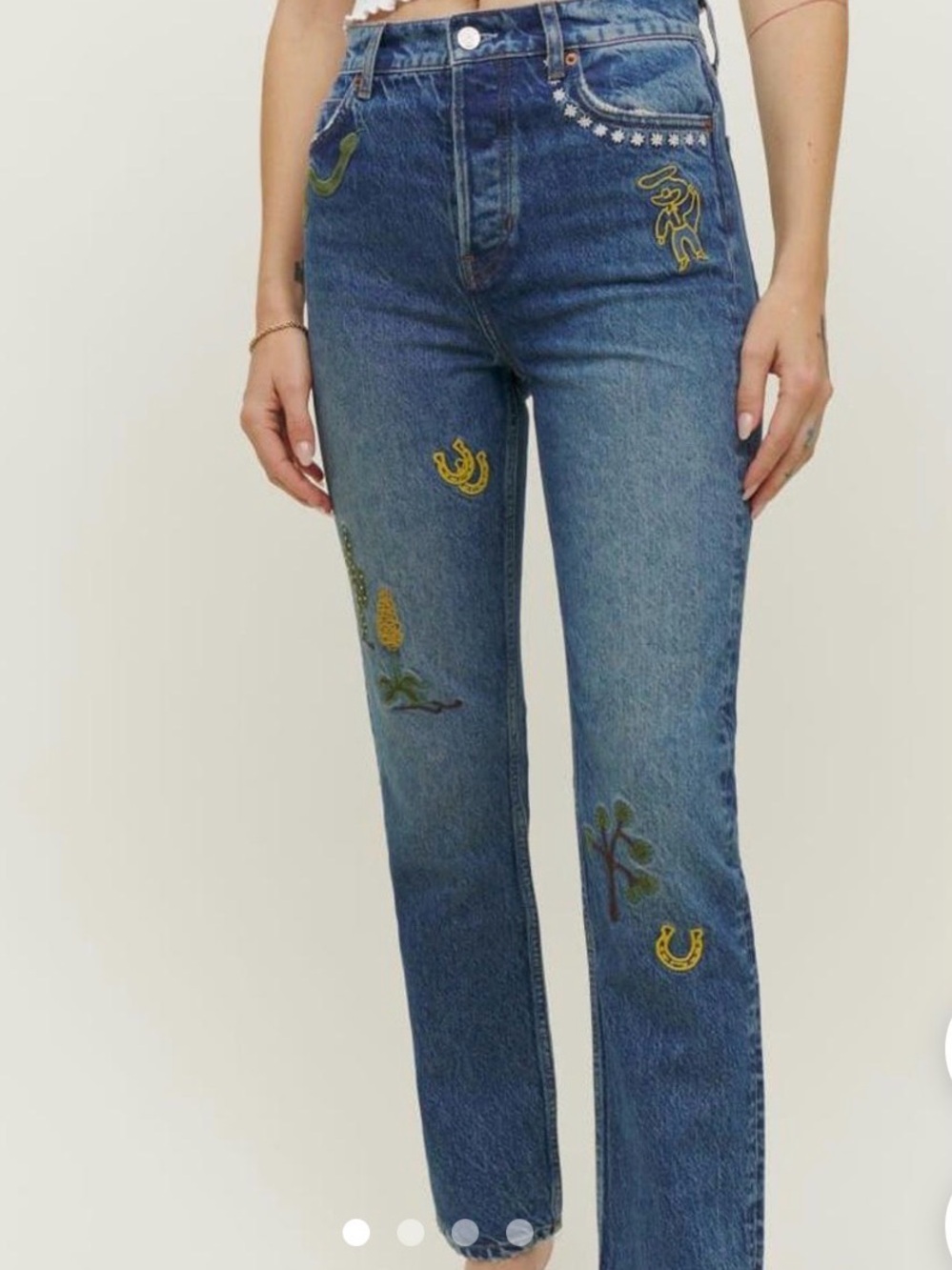 Reformation Handicraft Embroidered High Rise Straight Jeans in Juno